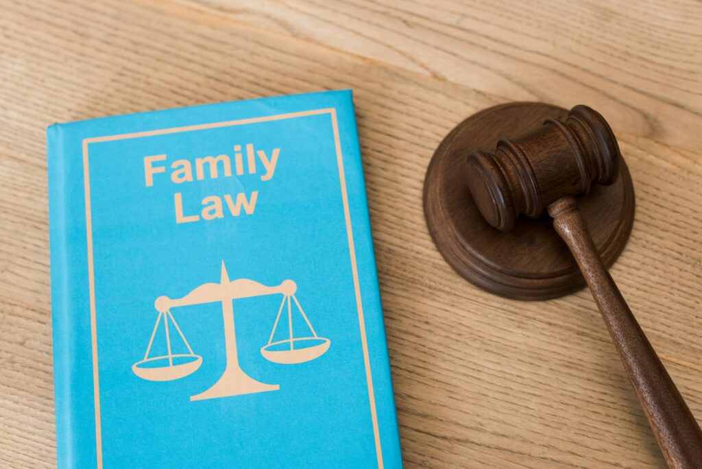 wooden gavel near book with family law lettering on desk